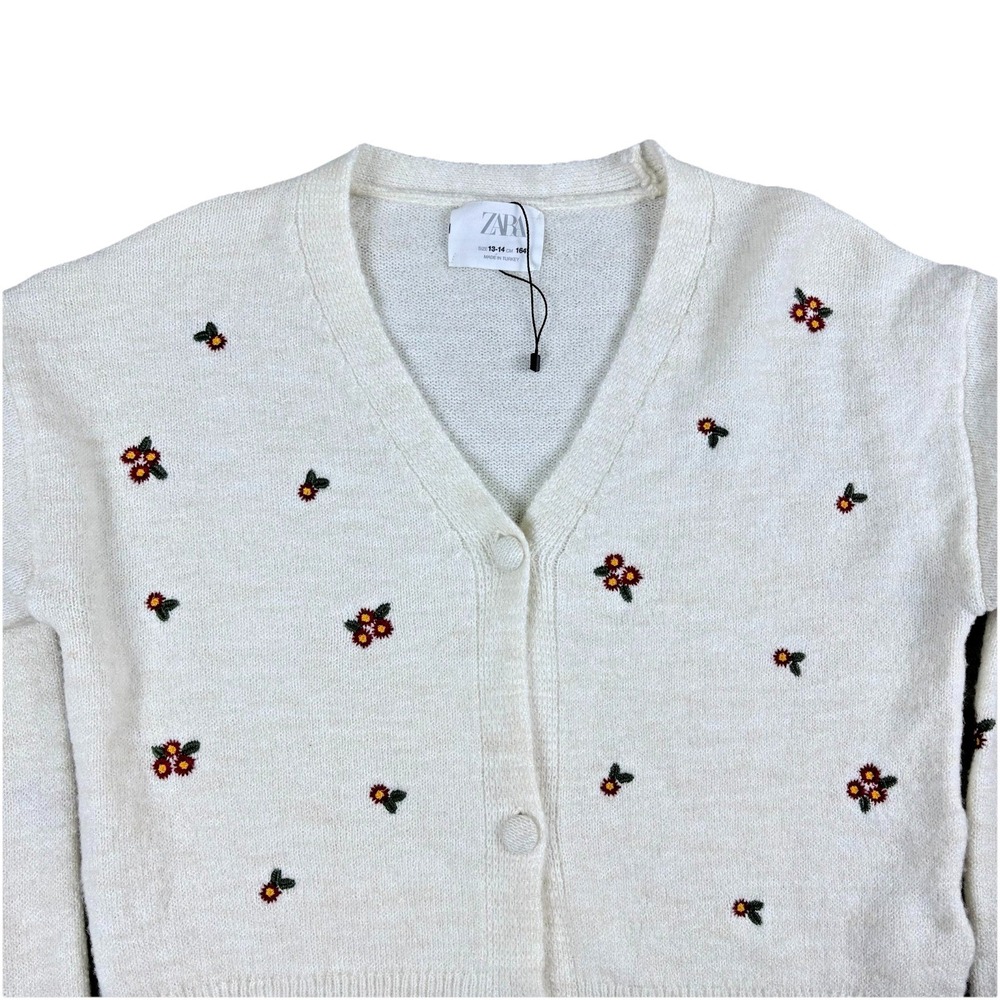 Zara Girls Cream Floral‎ Embroidered Cardigan 13 14 Cropped V Neck Knit